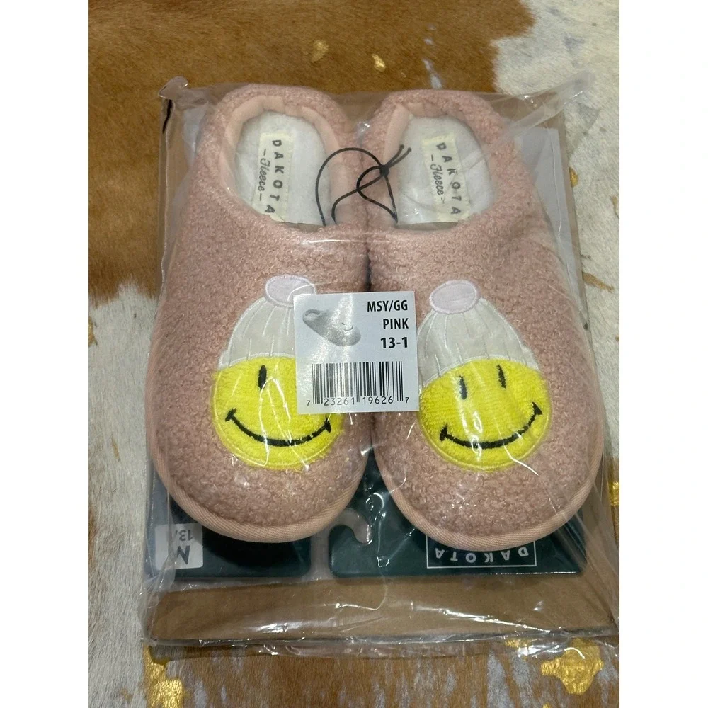 Dakota Fleece Girls‎ Pink Smiley Face Beanie Slippers House Shoes Size 13-1 NEW